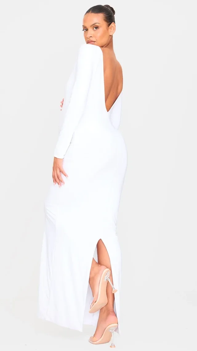 Maternity White Slinky Long Sleeve Open Back Maxi Dress