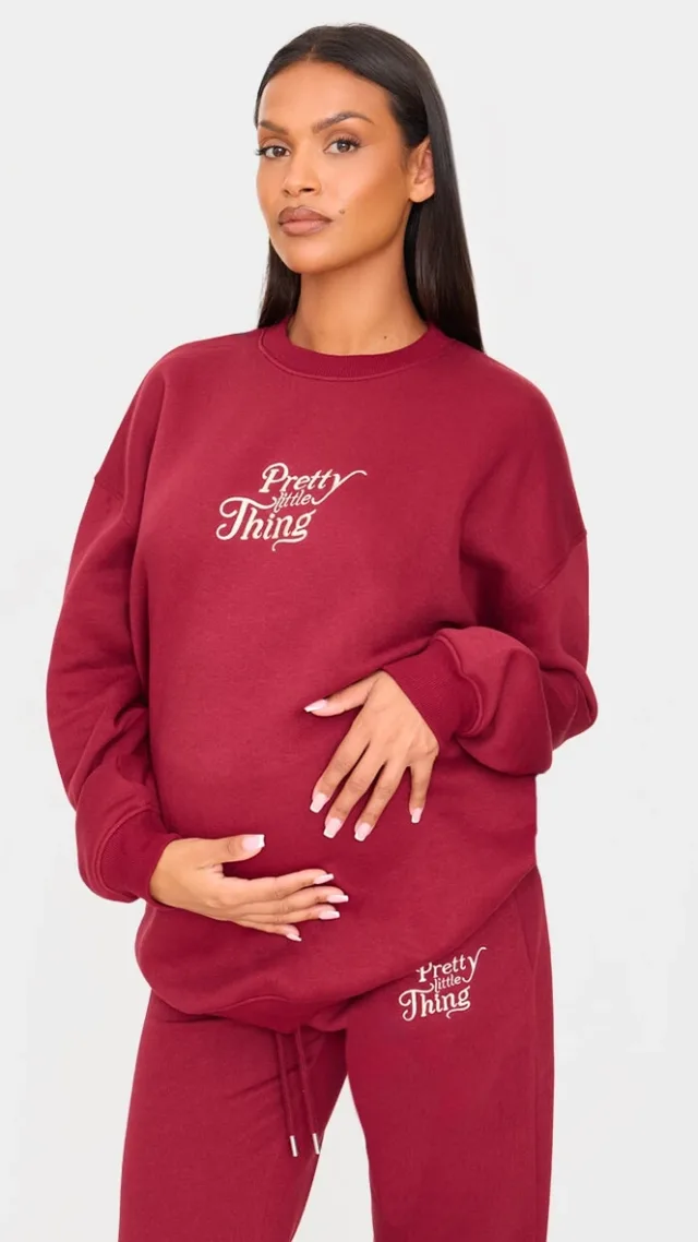 Prettylittlething Maternity Burgundy Embroidered Oversized Sweatshirt