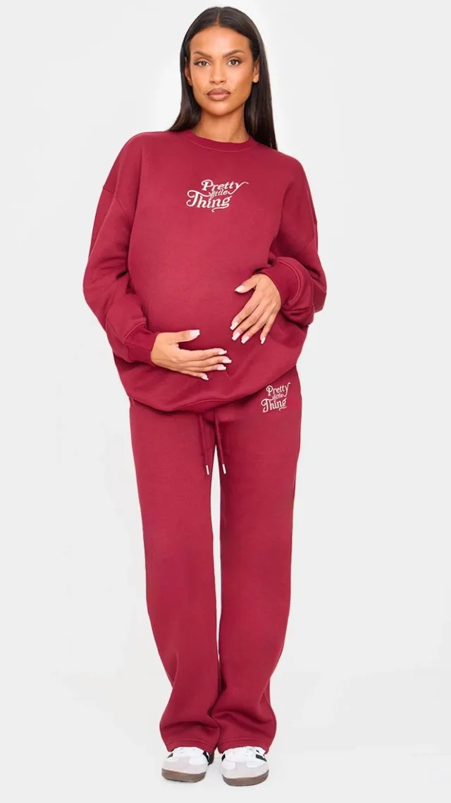 Prettylittlething Maternity Burgundy Embroidered Wide Leg Sweatpants