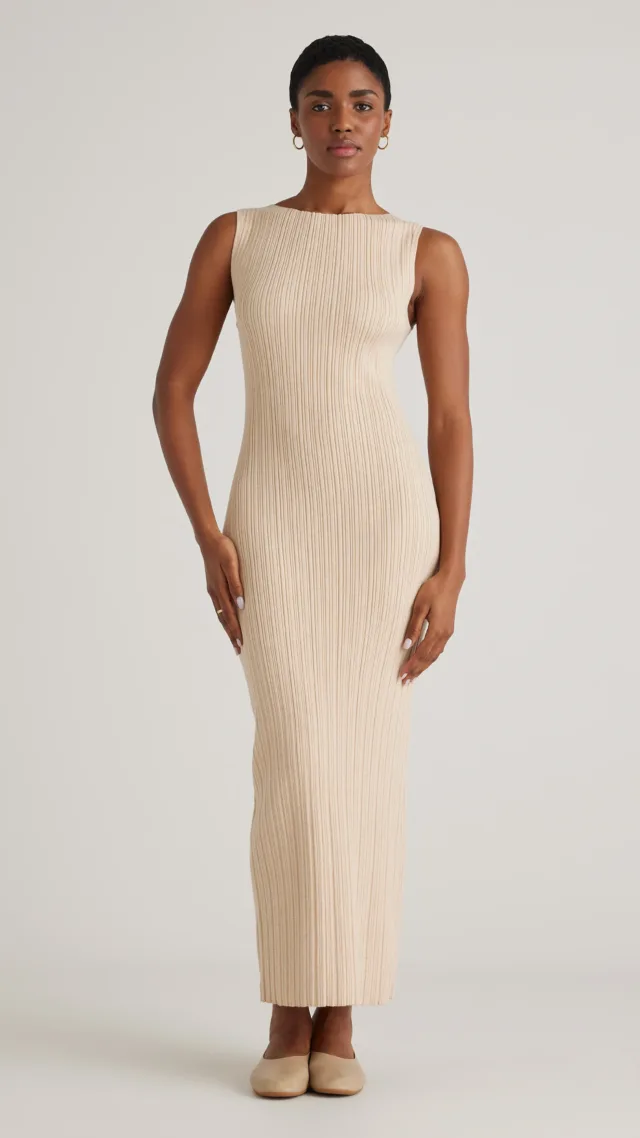 Heather Oatmeal Cotton Cashmere Ribbed Sleeveless Midi Dress