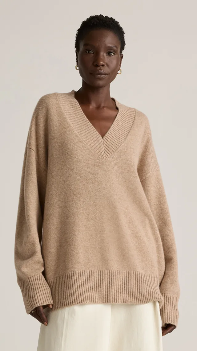 Oatmeal Mongolian Cashmere Oversized V-Neck Sweater