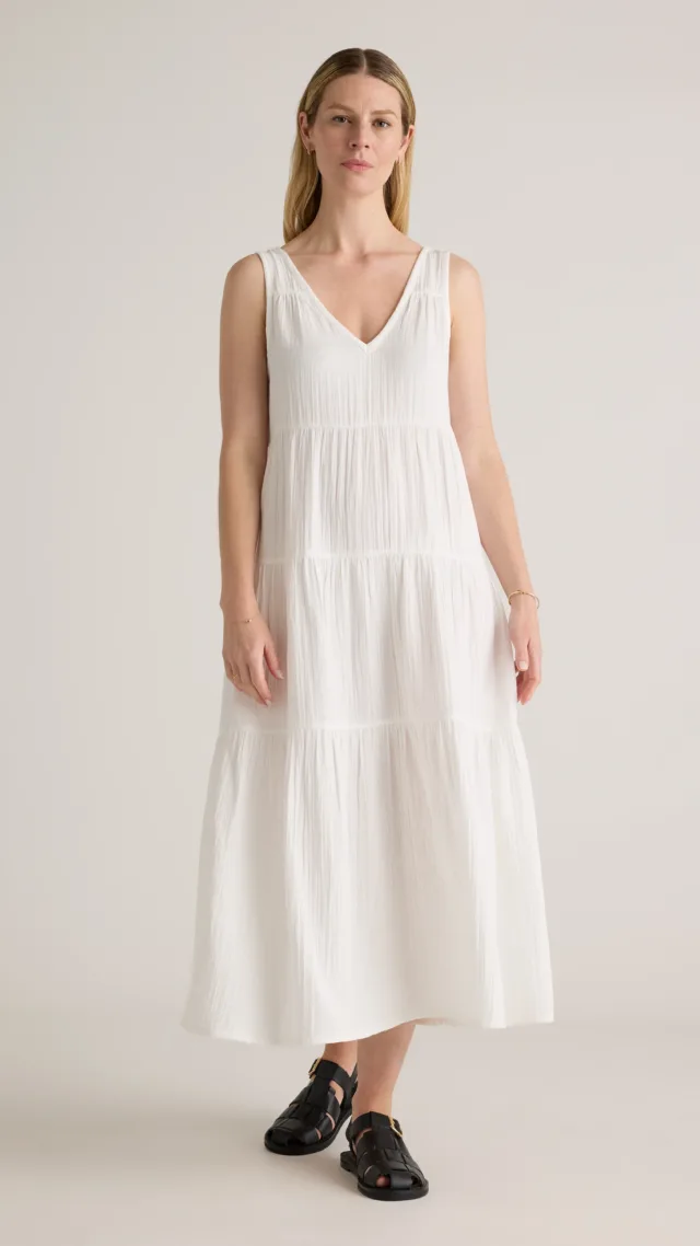 White 100% Organic Cotton Gauze Tiered Maxi Dress