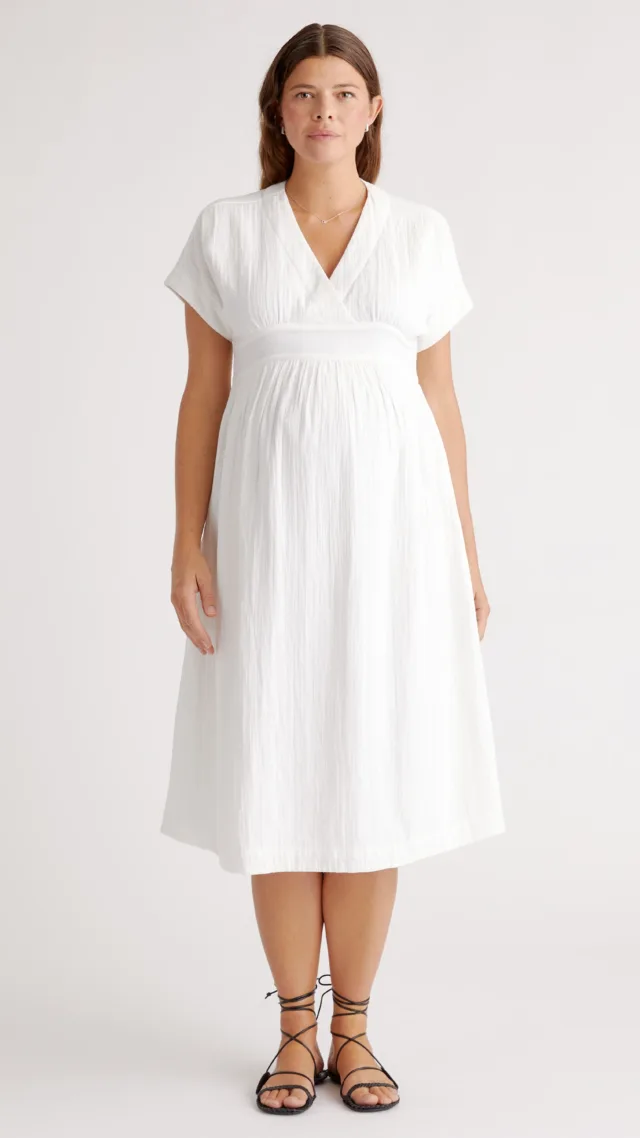 White Organic Cotton Gauze Maternity Midi Dress