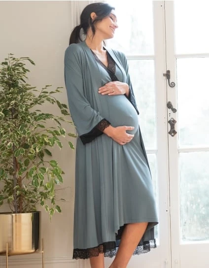 Adley | Lace Trim Kimono-Style Dressing Maternity-To-Nursing Gown