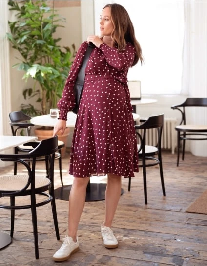 Alessandra | Burgundy Polka Dot Maternity & Nursing Shirt Dress