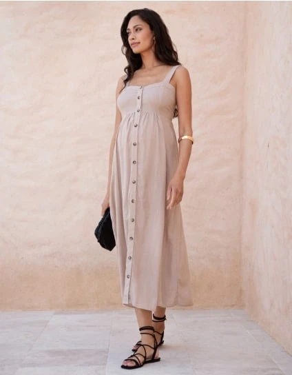 Ascari | Linen-Blend Button-Front Midi Maternity And Nursing Dress