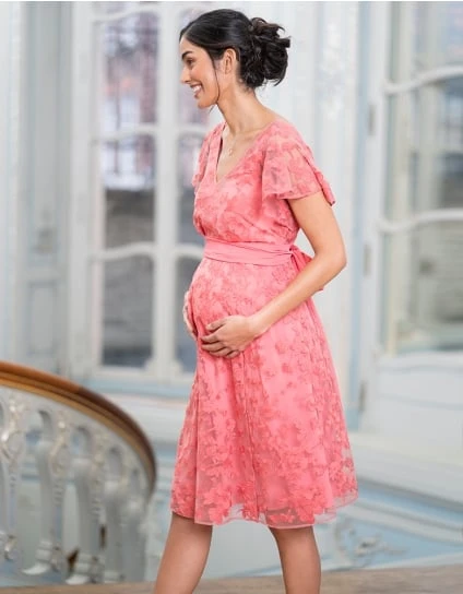 Diane | Coral Pink Floral Lace Maternity To Nursing Occasion Dress