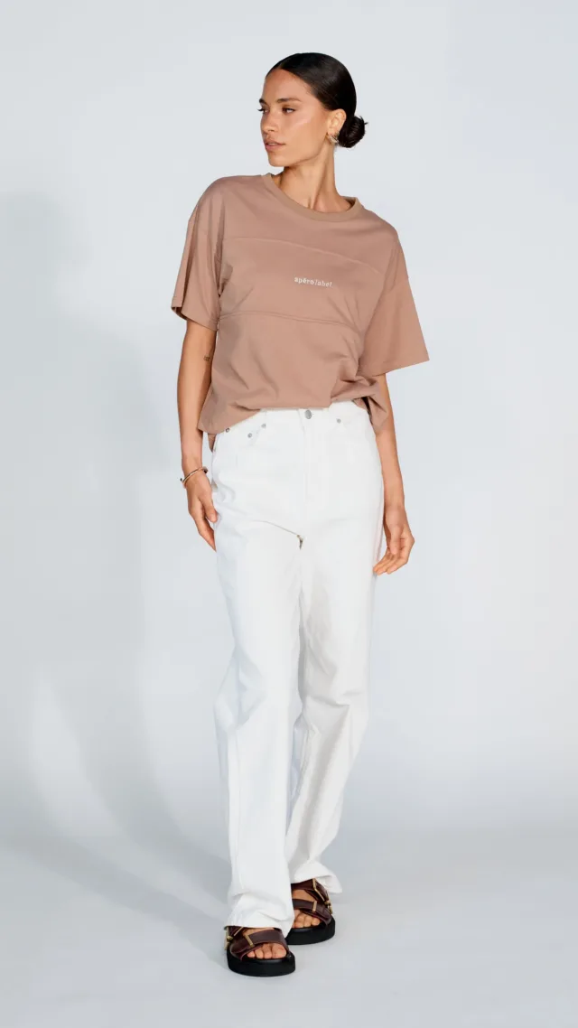 Minimalist Embroidered Longline Tee - Mocha / Cream