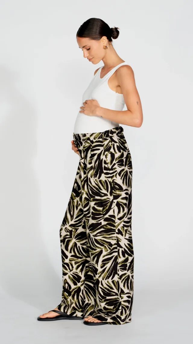 Palma Printed Adjustable Wide Leg Pants - Off-White / Green / Black