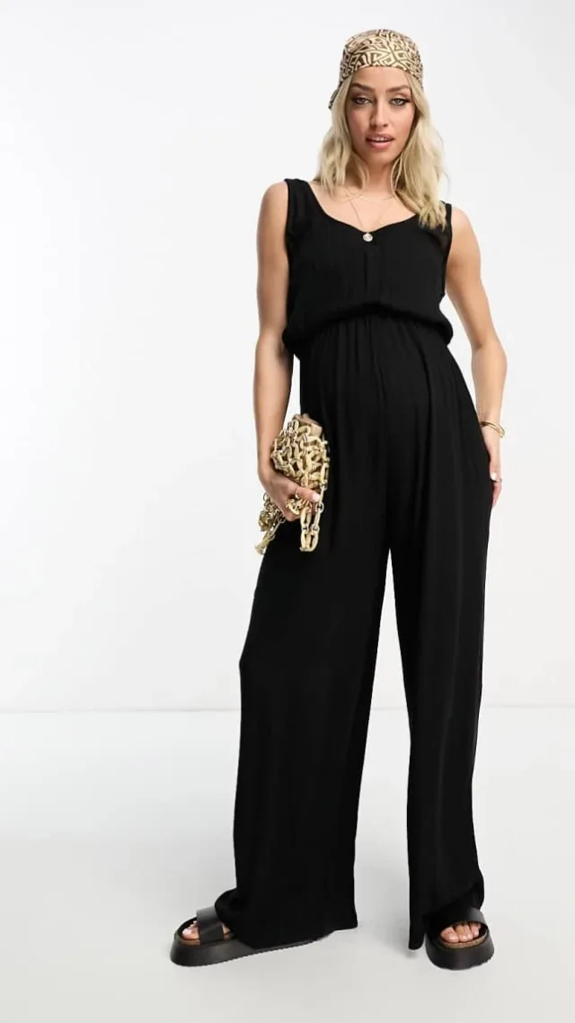 Asos Design Maternity Crinkle Beach Jumpsuit In Black