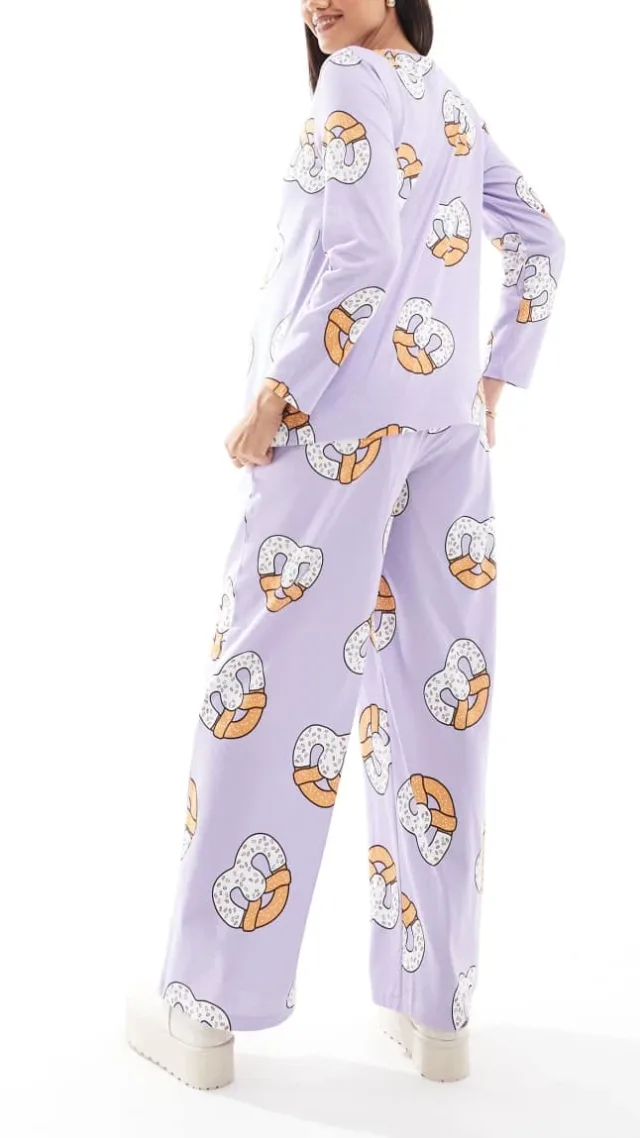 Asos Design Maternity Pretzel Long Sleeve Top & Pants Pajama Set In Lilac