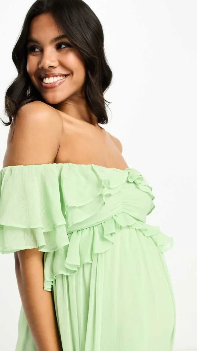 Asos Design Maternity Ruffle Cut Out Off The Shoulder Maxi Dress With Hi Low Hem In Sage Green