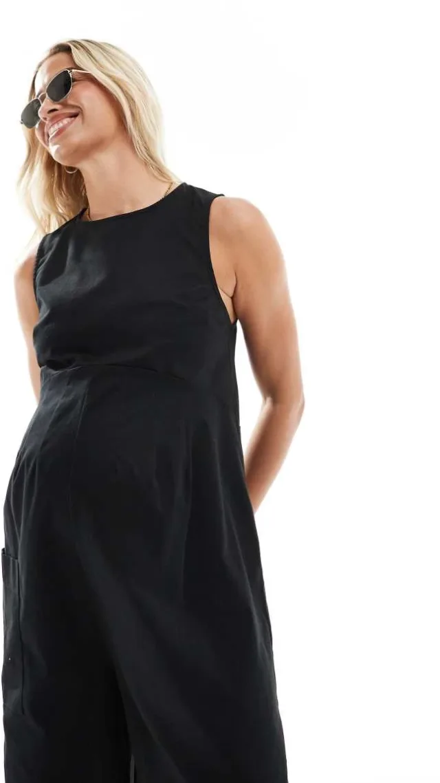 Asos Design Maternity Twill Minimal Sleeveless Jumpsuit With Wide Leg In Black