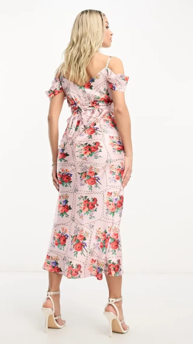 Hope & Ivy Maternity Cold Shoulder Satin Midi Dress In Red Floral Tile Print