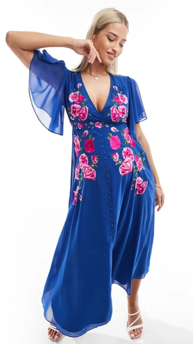 Hope & Ivy Maternity Embroidered Midi Dress With Floaty Sleeves In Blue