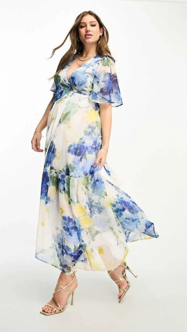 Hope & Ivy Maternity Ruffle Wrap Maxi Dress In Blue Floral Print