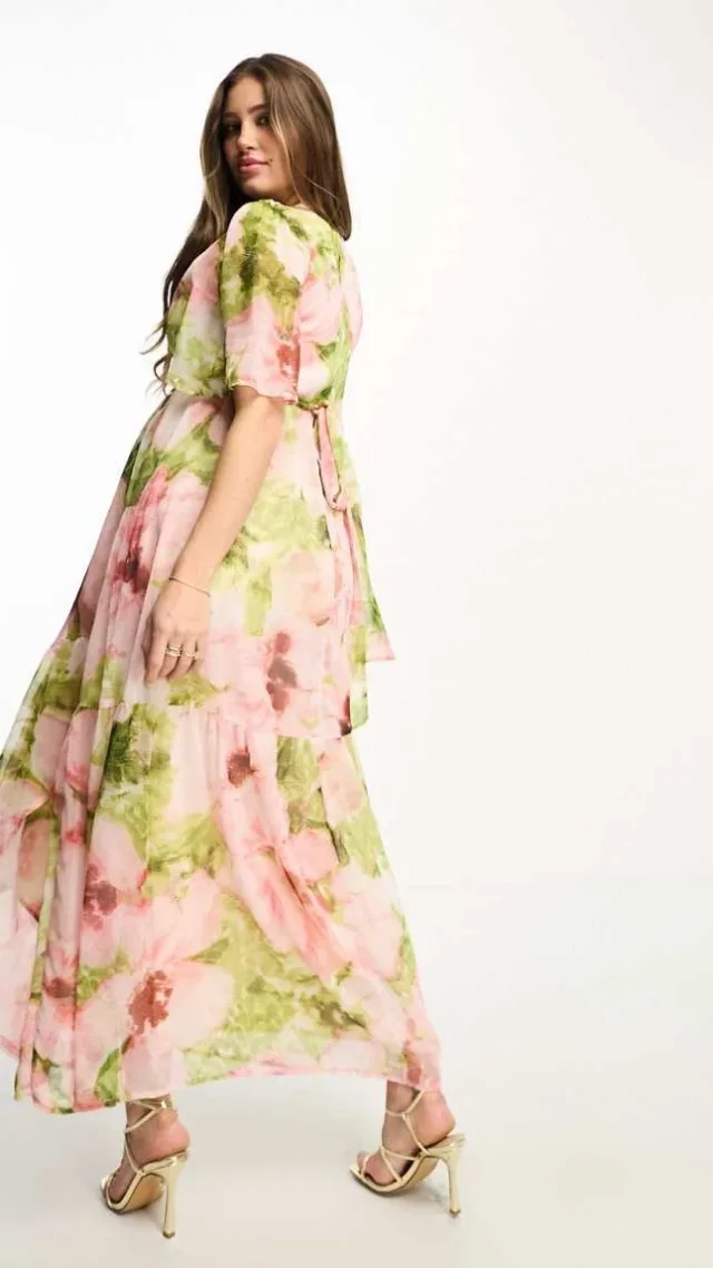 Hope & Ivy Maternity Ruffle Wrap Maxi Dress In Pink Floral Print