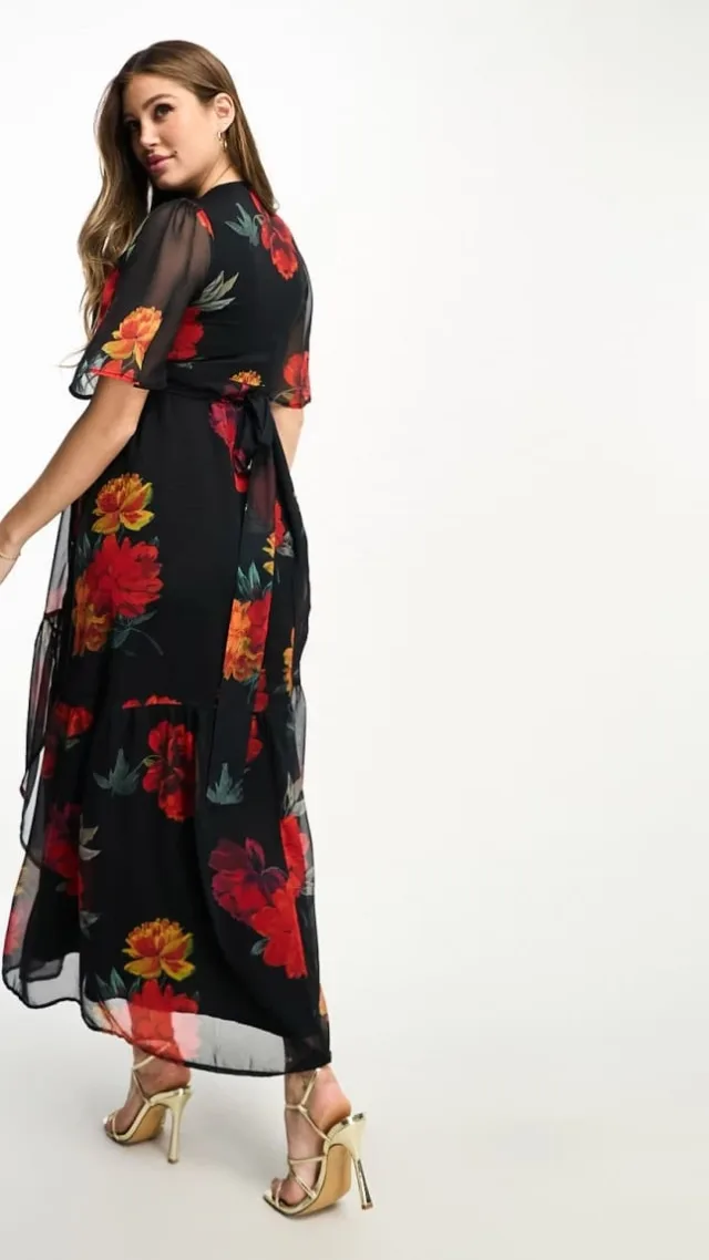 Hope & Ivy Maternity Ruffle Wrap Maxi Dress In Red Floral