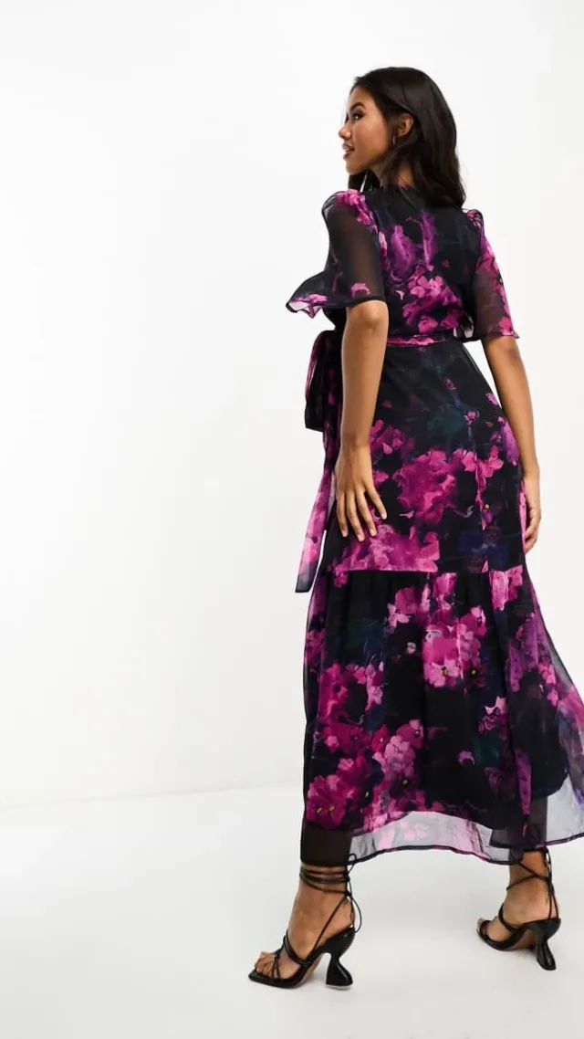 Hope & Ivy Maternity Wrap Maxi Dress With Flutter Sleeves In Purple Floral