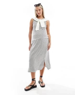 Mamalicious Fine Knit Tank Top And Midi Skirt Set In Mono Stripe