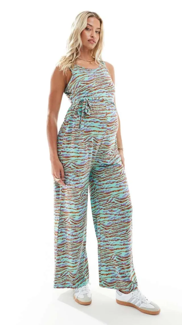 Mamalicious Maternity Belted Jersey Jumpsuit With Wide Leg In Multi Zebra Print