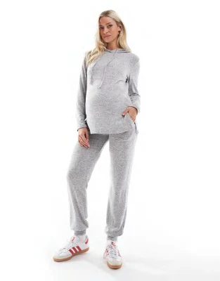 Mamalicious Maternity Cuffed Jersey Sweatpants And Hooded Top Set In Light Gray Melange