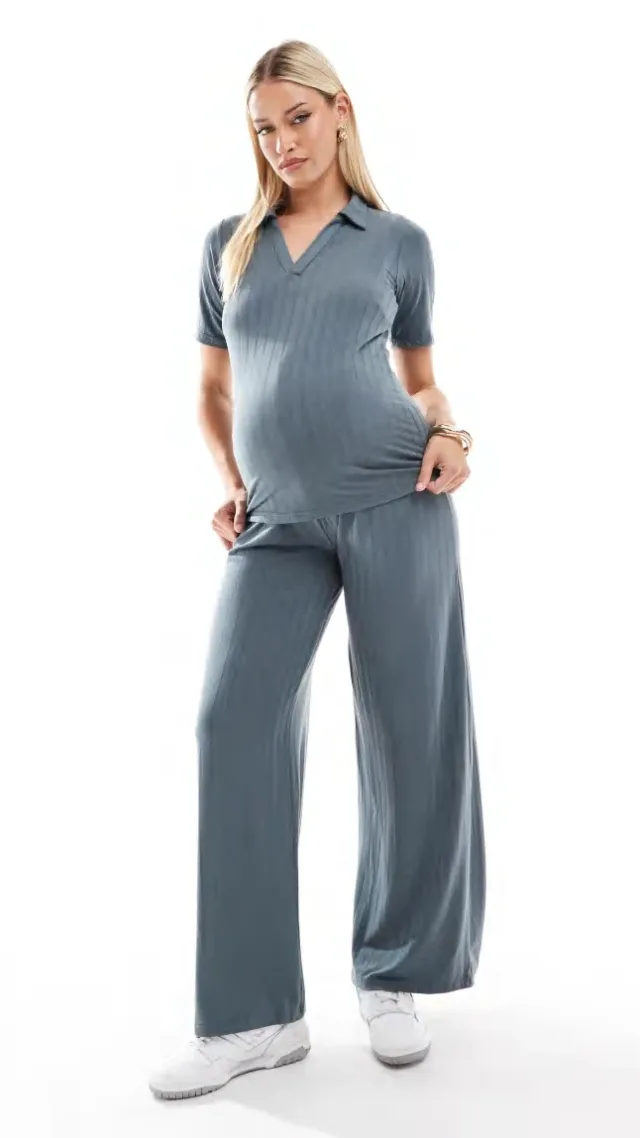 Mamalicious Maternity Mix & Match Ribbed Jersey Polo In Asphalt - Part Of A Set