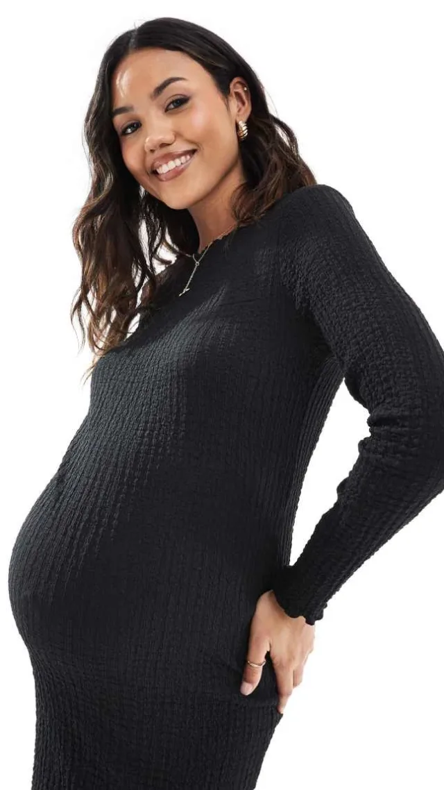 Mamalicious Maternity Textured Boat Neck Midi Dress In Black