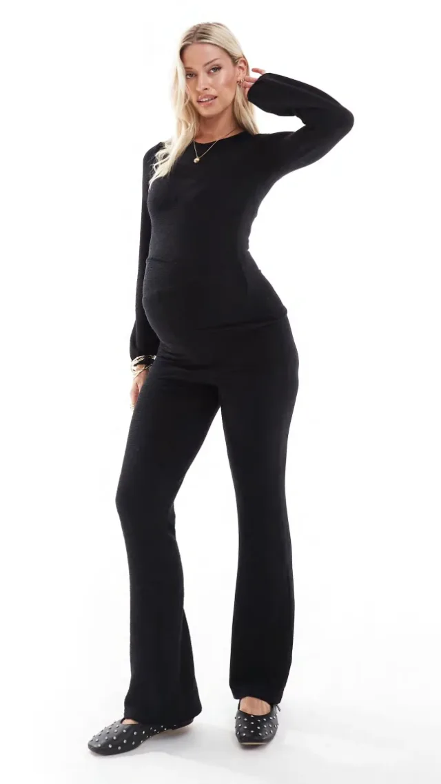 Mamalicious Maternity Textured Jersey Flared Pants In Black - Part Of A Set