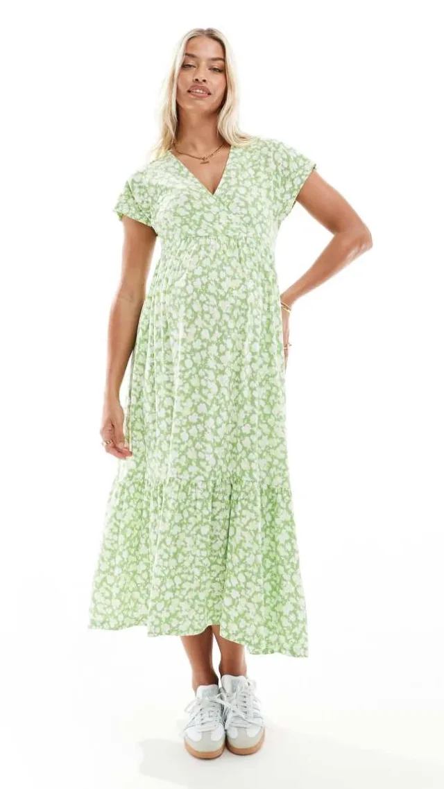 Mamalicious Maternity V Neck Midi Dress In Green Floral Print