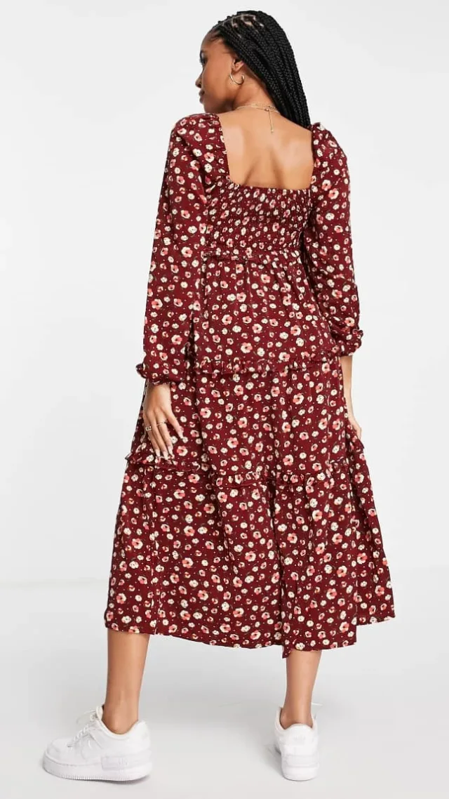 Missguided Maternity Floral Tiered Midaxi Dress In Burgundy