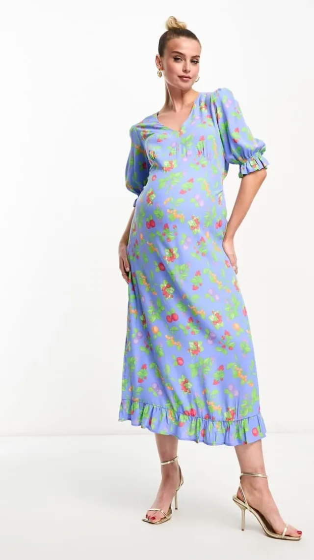 Nobody'S Child Maternity Delilah Puff Sleeve Midi Dress In Blue Fruit Print