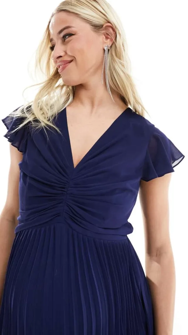 Tfnc Maternity Bridesmaid Chiffon Maxi Dress With Flutter Sleeve And Pleated Skirt In Navy