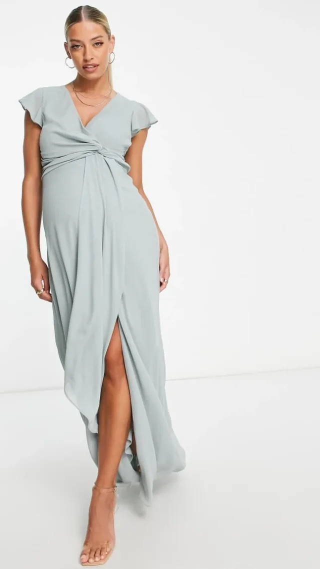 Tfnc Maternity Bridesmaid Flutter Sleeve Ruffle Detail Maxi Dress In Sage