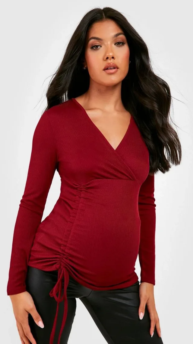 Berry Maternity Rib Ruched Long Sleeve T-Shirt