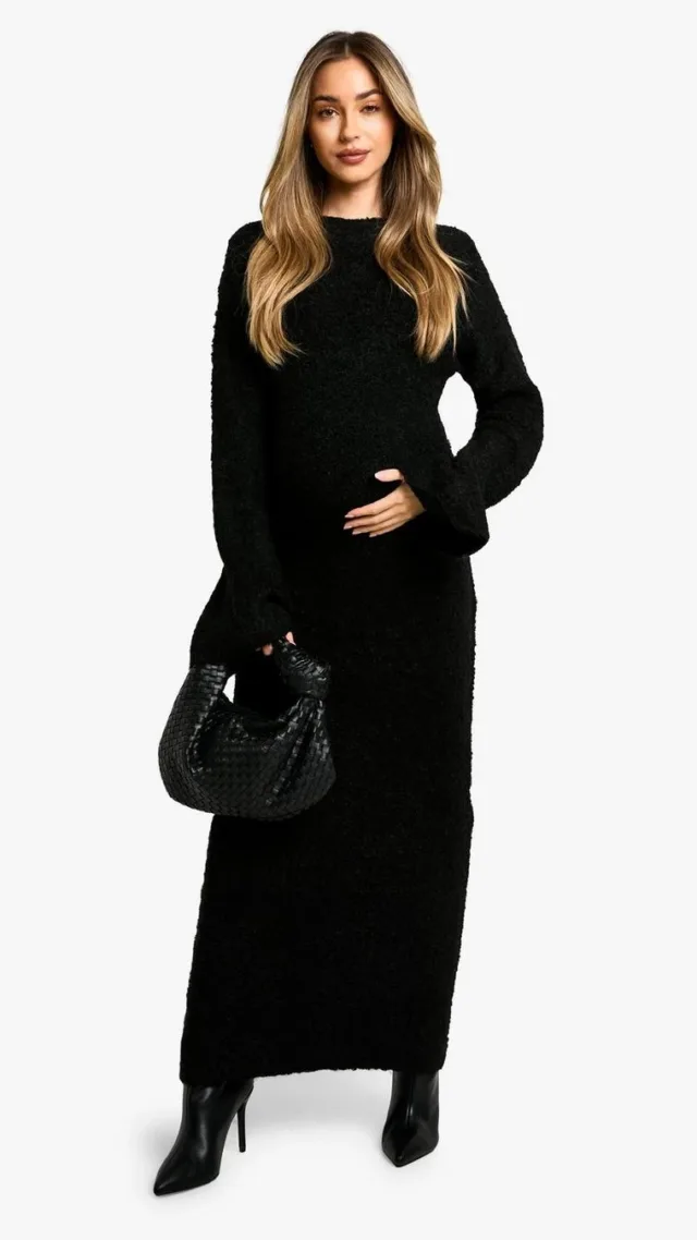 Black Maternity Borg Flare Sleeve Knitted Maxi Dress