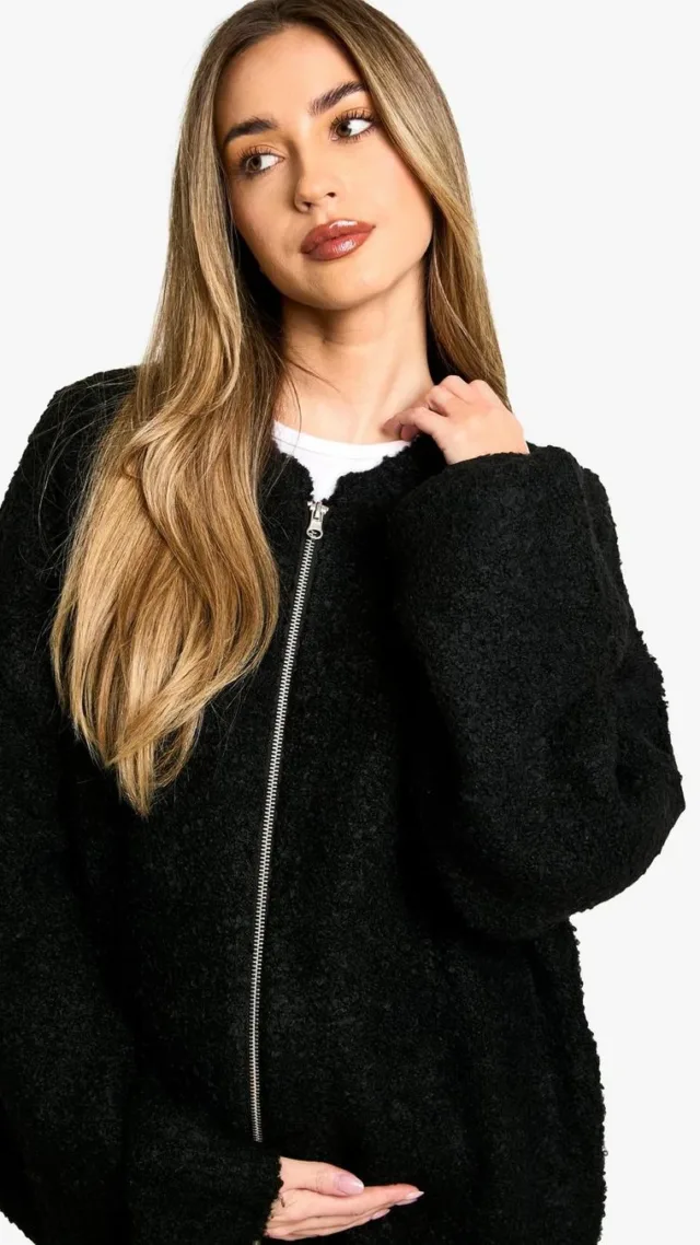 Black Maternity Borg Knitted Oversized Bomber Jacket