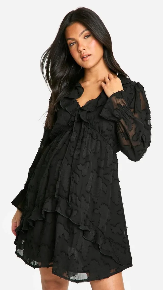 Black Maternity Burn Out Frill Detail Long Sleeve Mini Smock Dress