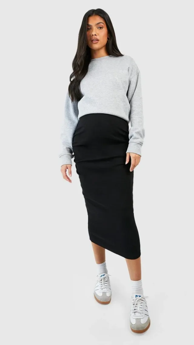 Black Maternity Cotton Rib Midi Skirt