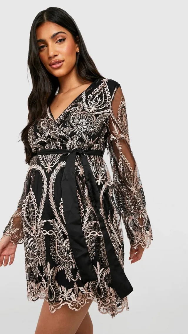 Black Maternity Damask Sequin Wrap Skater Dress