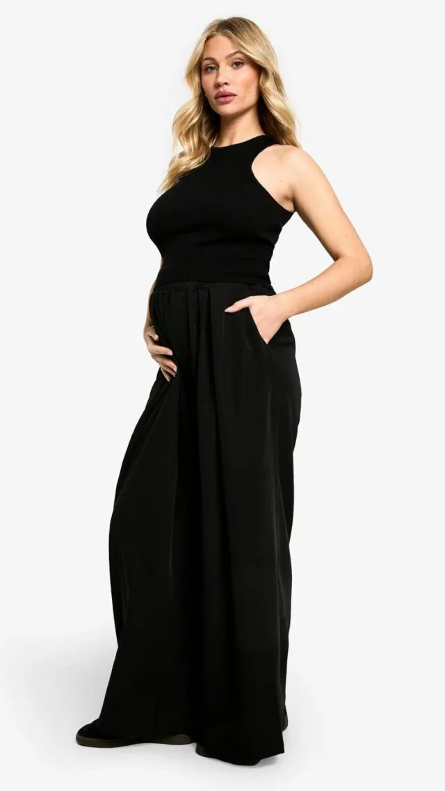 Black Maternity Elasticated Waist Woven Relaxed Pleat Wide Leg Pants