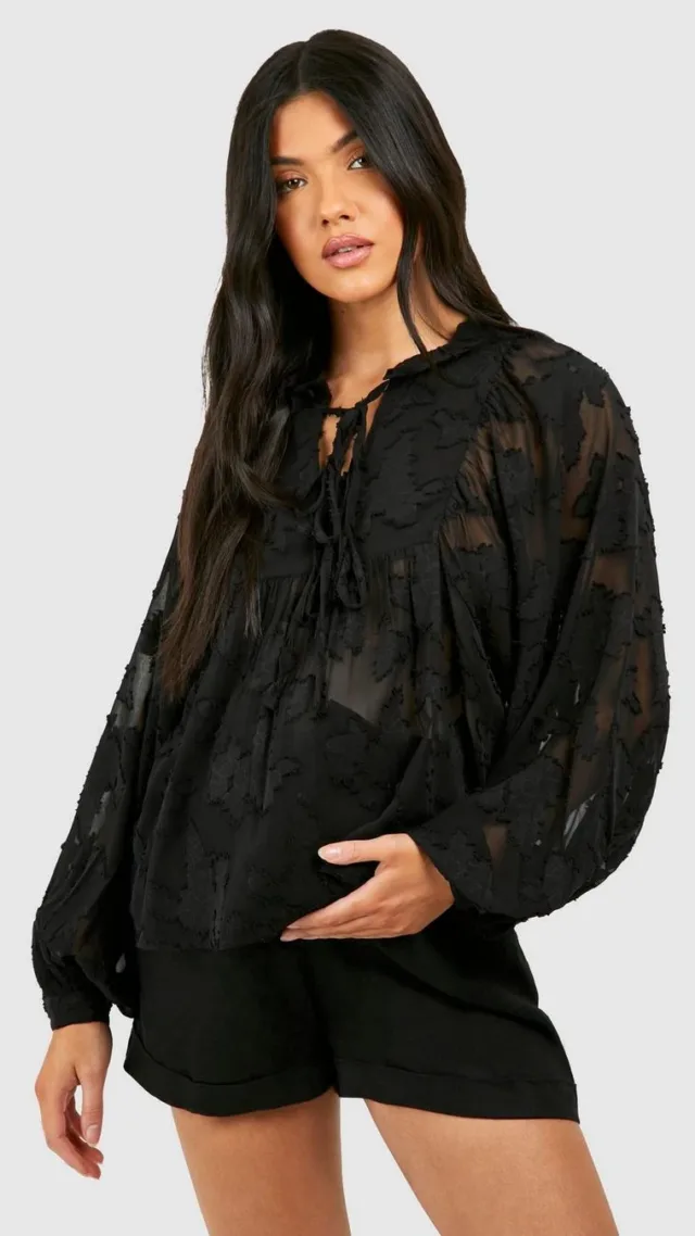 Black Maternity Floral Burnout Tie Neck Smock Top