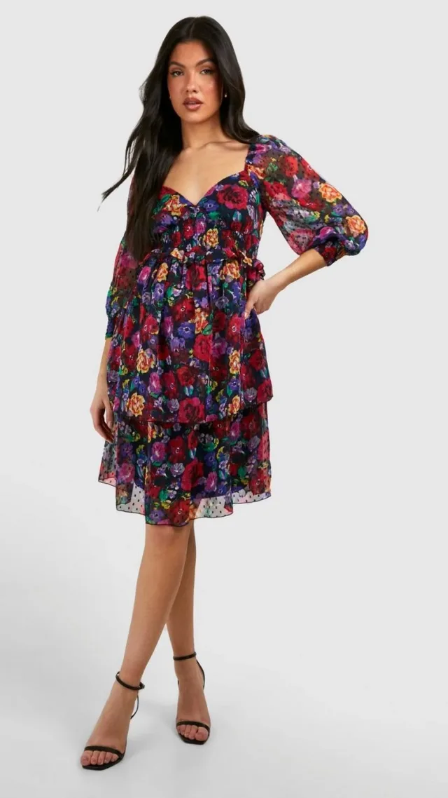 Black Maternity Floral Dobby Puff Shoulder Mini Dress