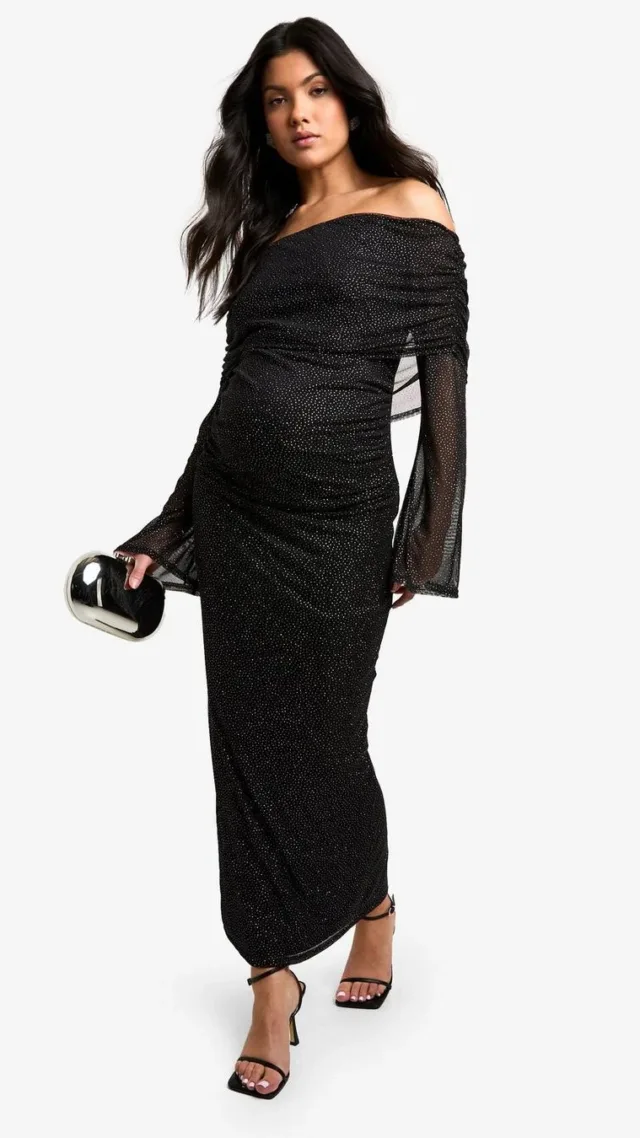 Black Maternity Glitter Mesh Deep Bardot Long Sleeve Midaxi Dress