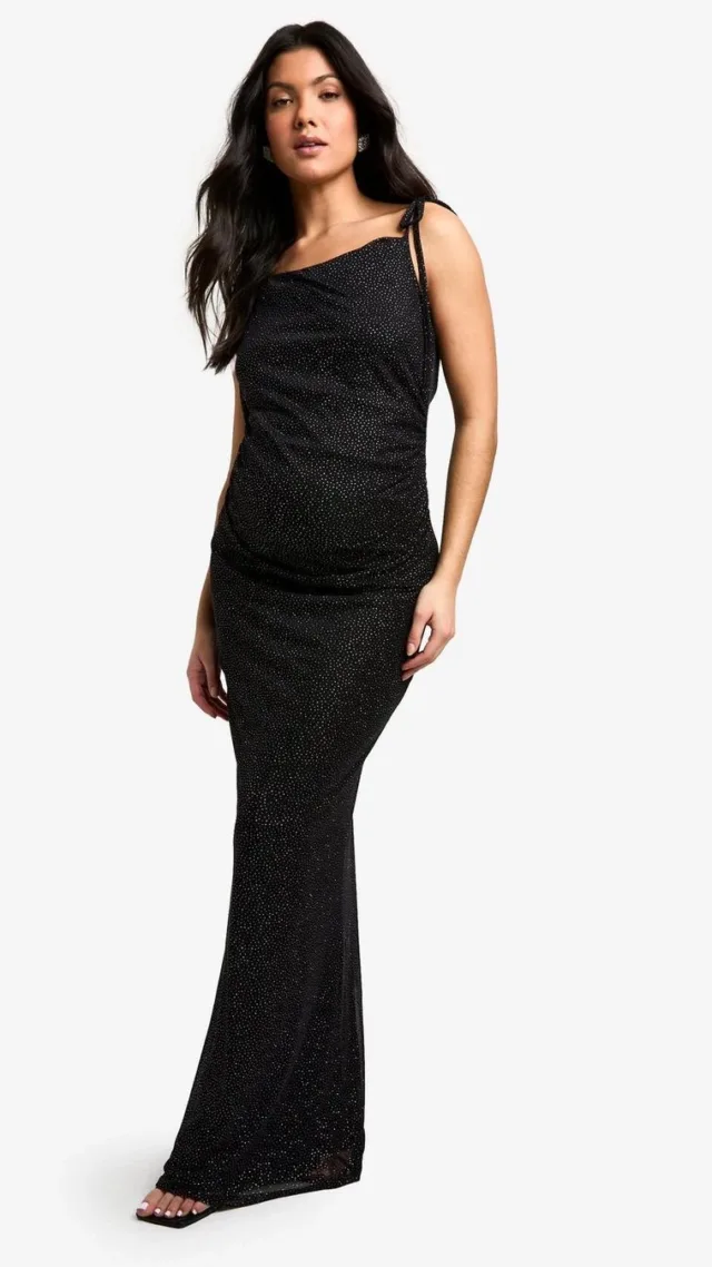 Black Maternity Glitter Mesh Low Back Maxi Dress