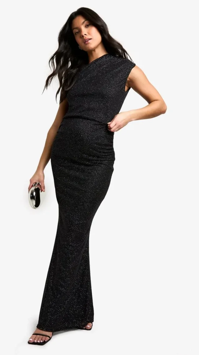 Black Maternity Glitter Stretch Column Maxi Skirt