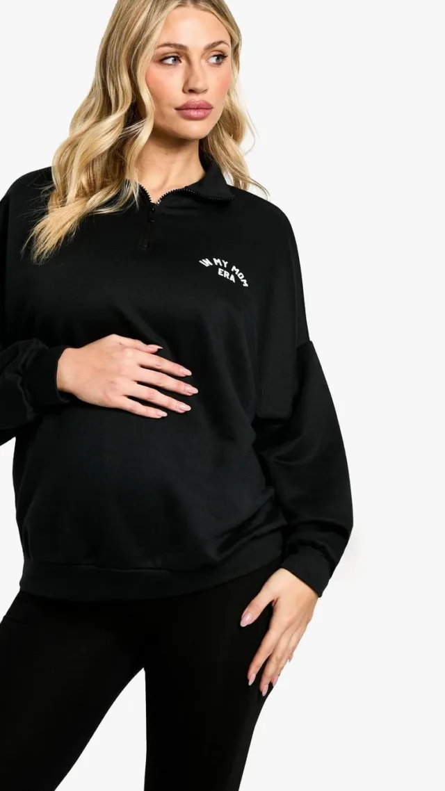 Black Maternity In My Mom Era Slogan Half Zip Jumper