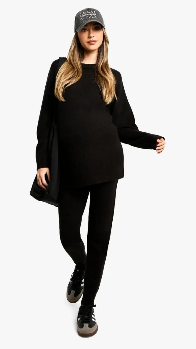 Black Maternity Knitted Crew Neck Sweater Loungewear Set