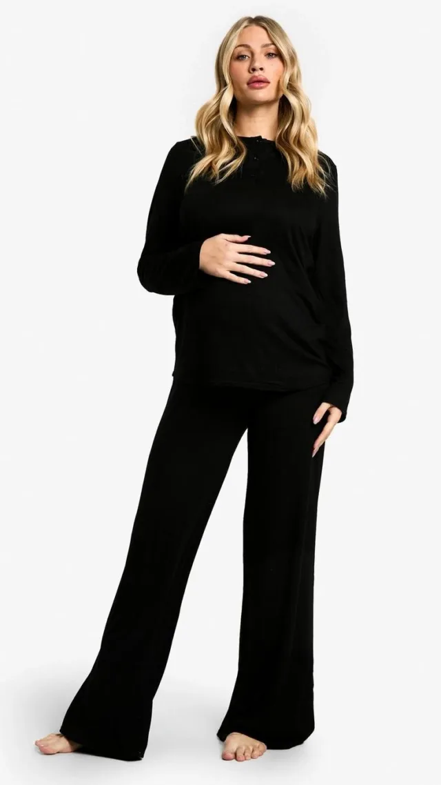 Black Maternity Long Sleeve Button Top & Wide Leg Trouser Pj Set