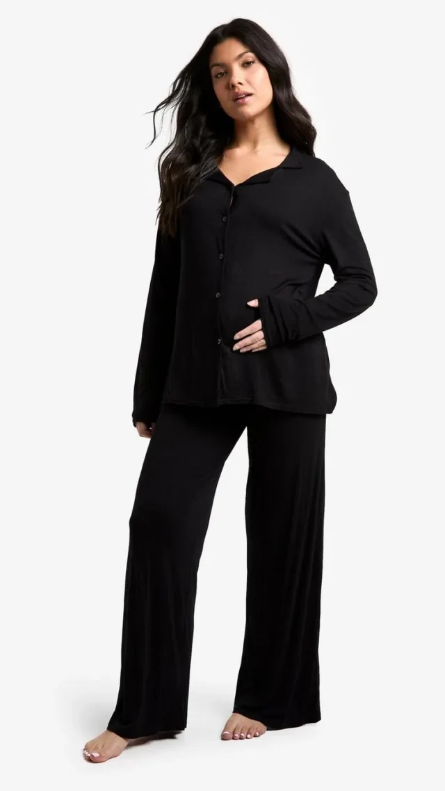 Black Maternity Long Sleeve Shirt & Trouser Pj Set